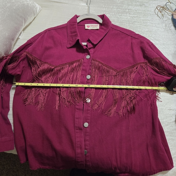 Dark Pink Fringe Button-Up Jean Shacket. NWOT.. Never Worn - Picture 4 of 6